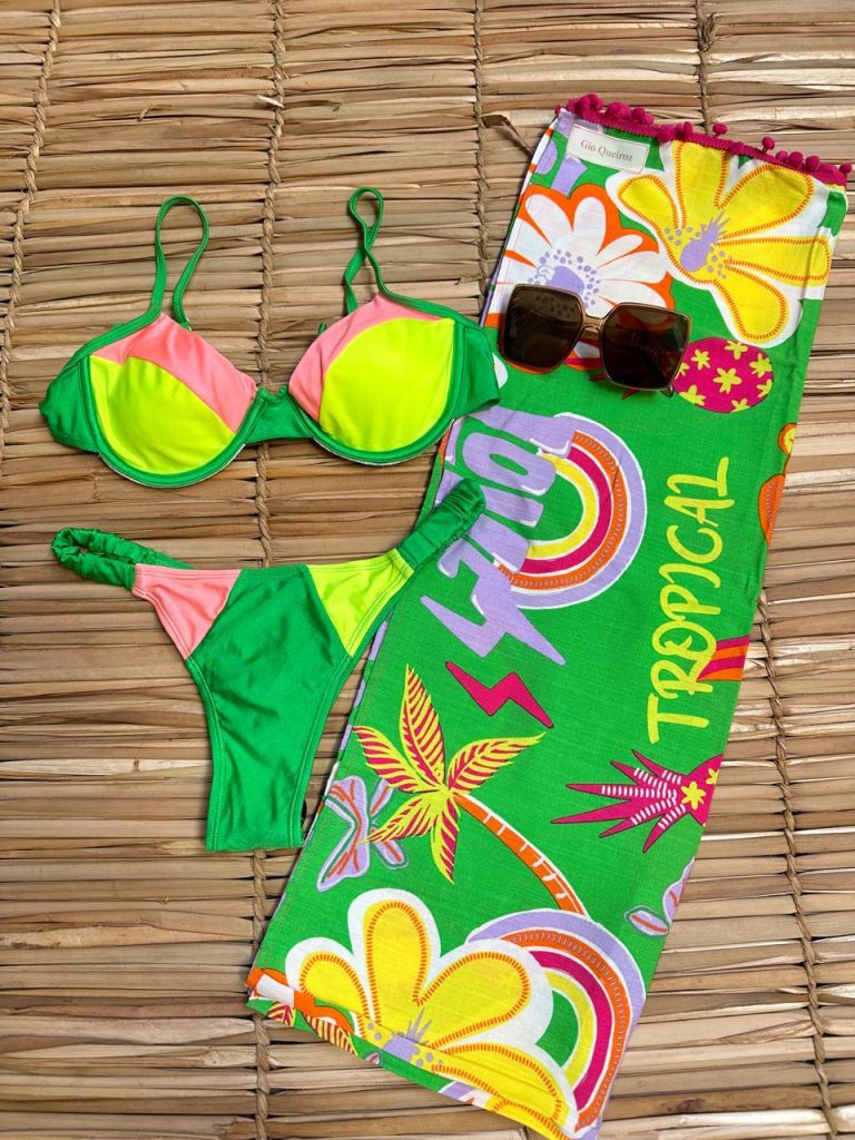 Biquíni Bicolor Meia Taça Verde com Laranja